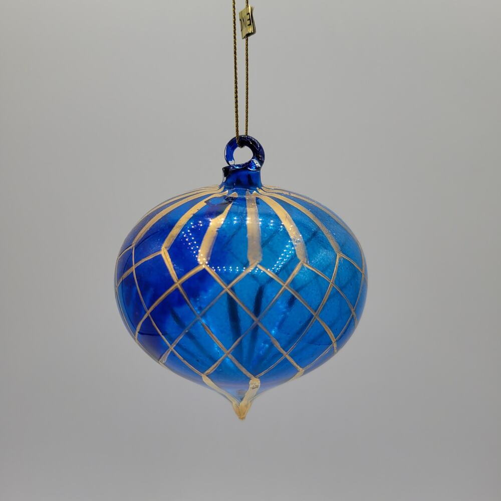 Vintage Blown Blue Glass Bulb with Gold Foiling Christmas Ornament